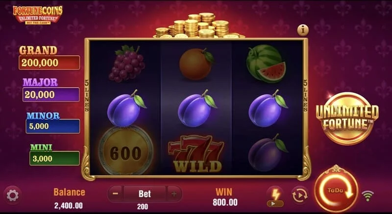 Fortune Coins Unlimited Fortune – podstawowa siatka 3 na 3 z symbolami owoców